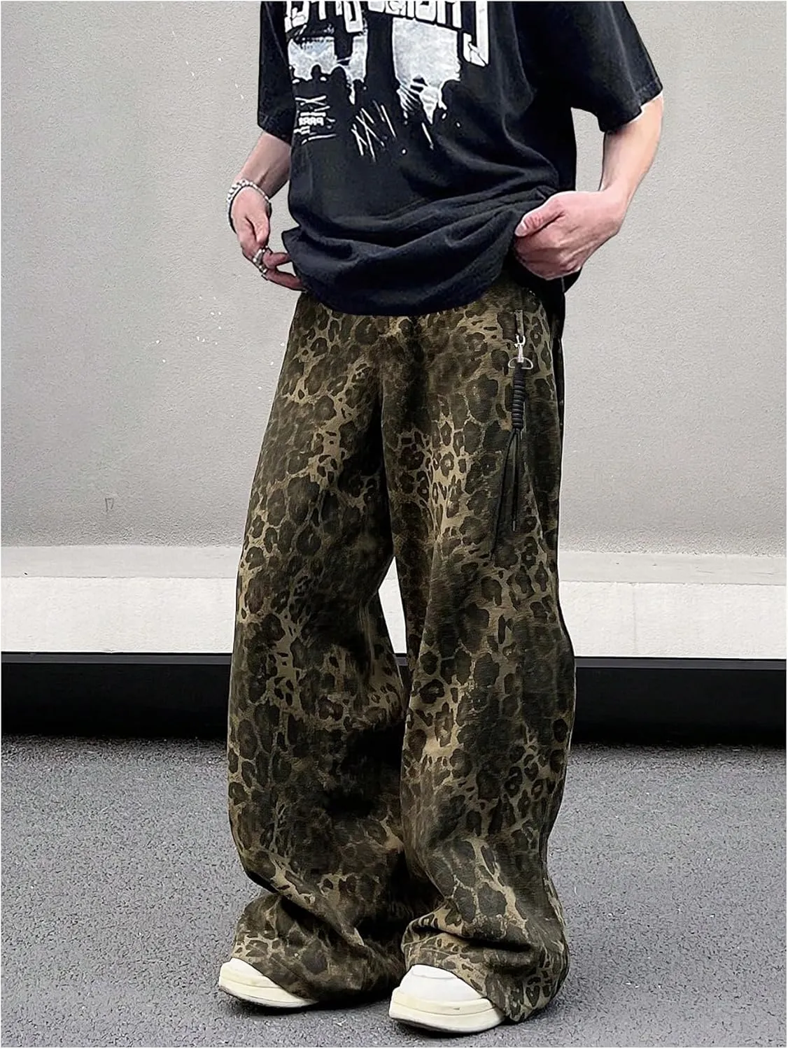 MakeMeChic Men's Leopard Print Drawstring Wide Leg Trousers Straight Pocket Loose Streetwear Pants