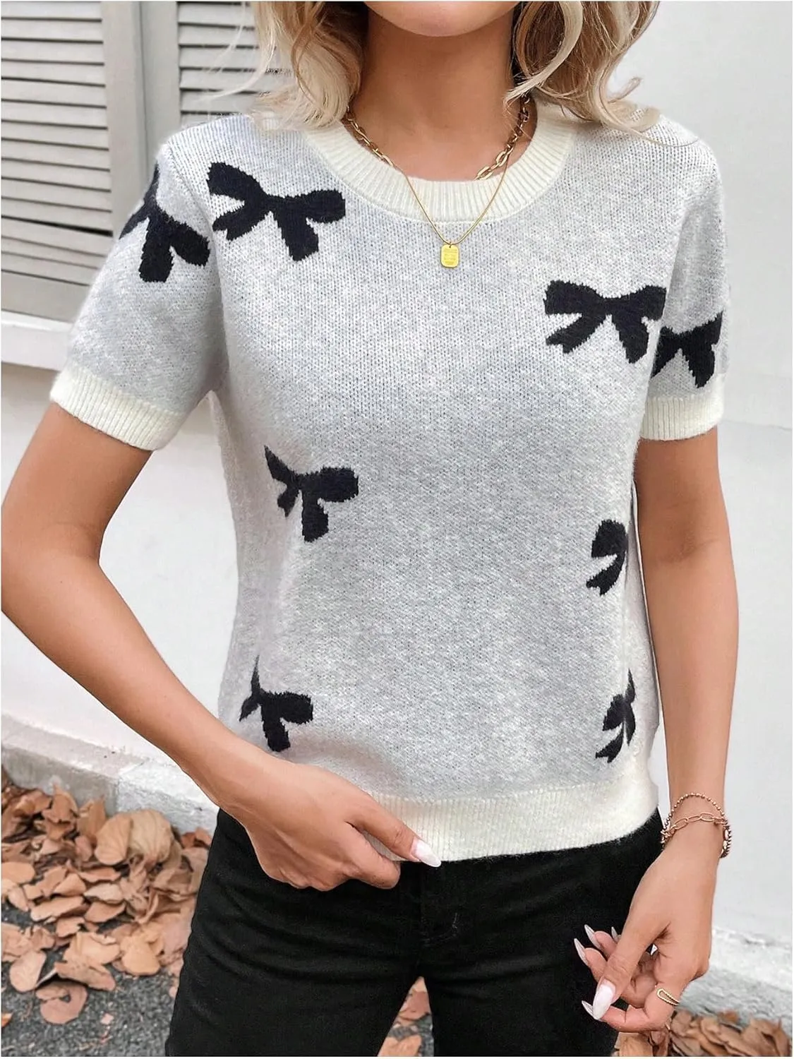 MakeMeChic Women's Bow Crew Neck Sweater Short Sleeve Knit Pullover Tops