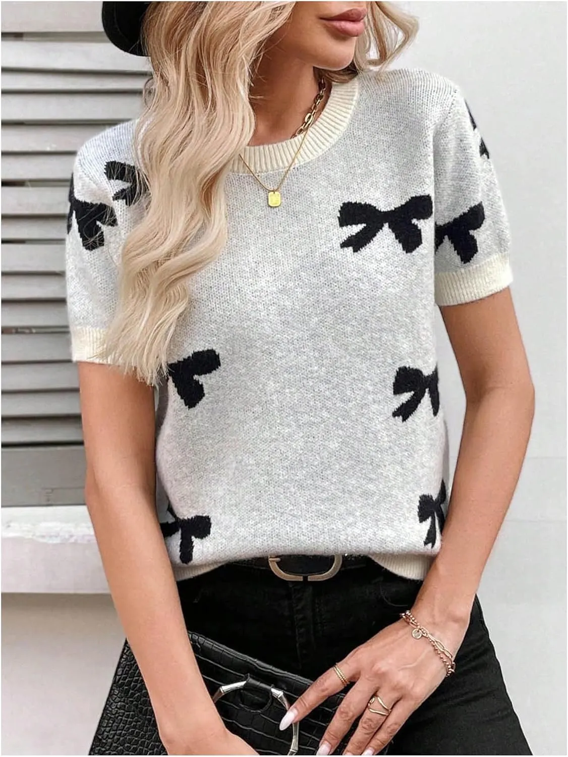 MakeMeChic Women's Bow Crew Neck Sweater Short Sleeve Knit Pullover Tops