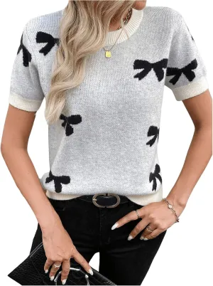 MakeMeChic Women's Bow Crew Neck Sweater Short Sleeve Knit Pullover Tops