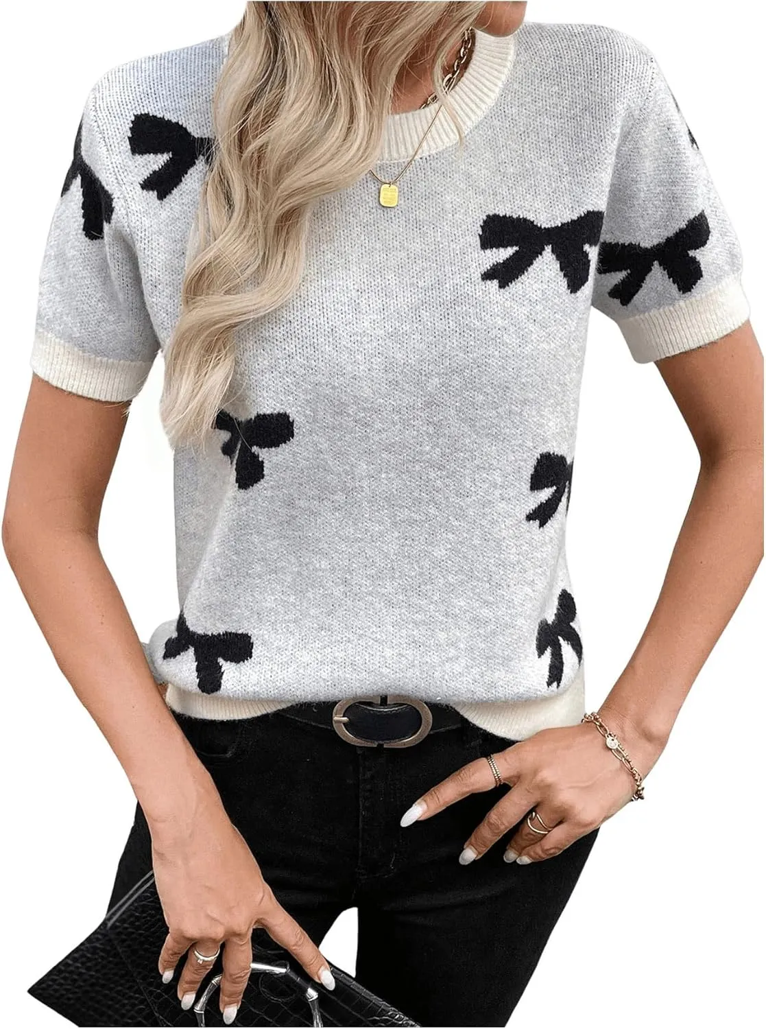 MakeMeChic Women's Bow Crew Neck Sweater Short Sleeve Knit Pullover Tops