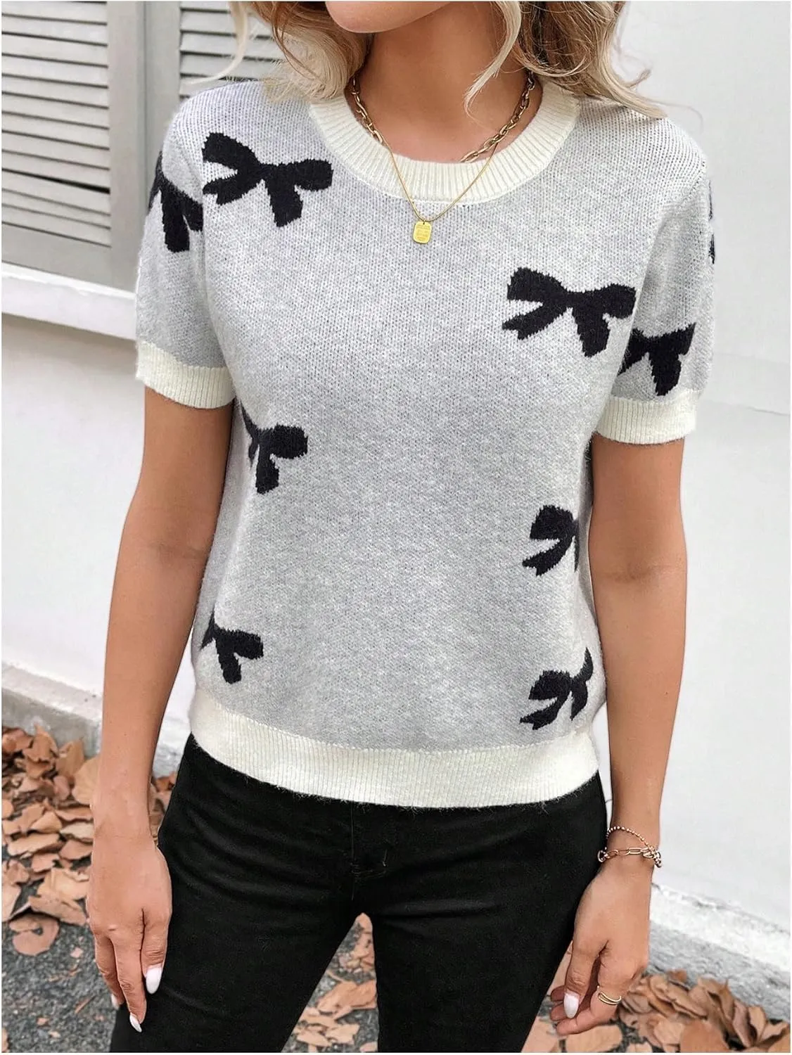 MakeMeChic Women's Bow Crew Neck Sweater Short Sleeve Knit Pullover Tops