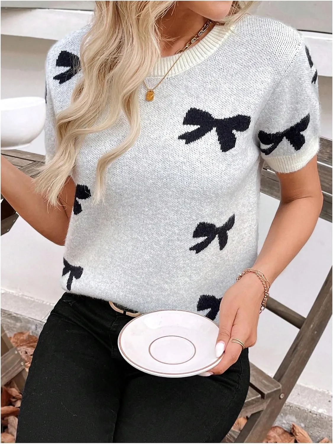 MakeMeChic Women's Bow Crew Neck Sweater Short Sleeve Knit Pullover Tops