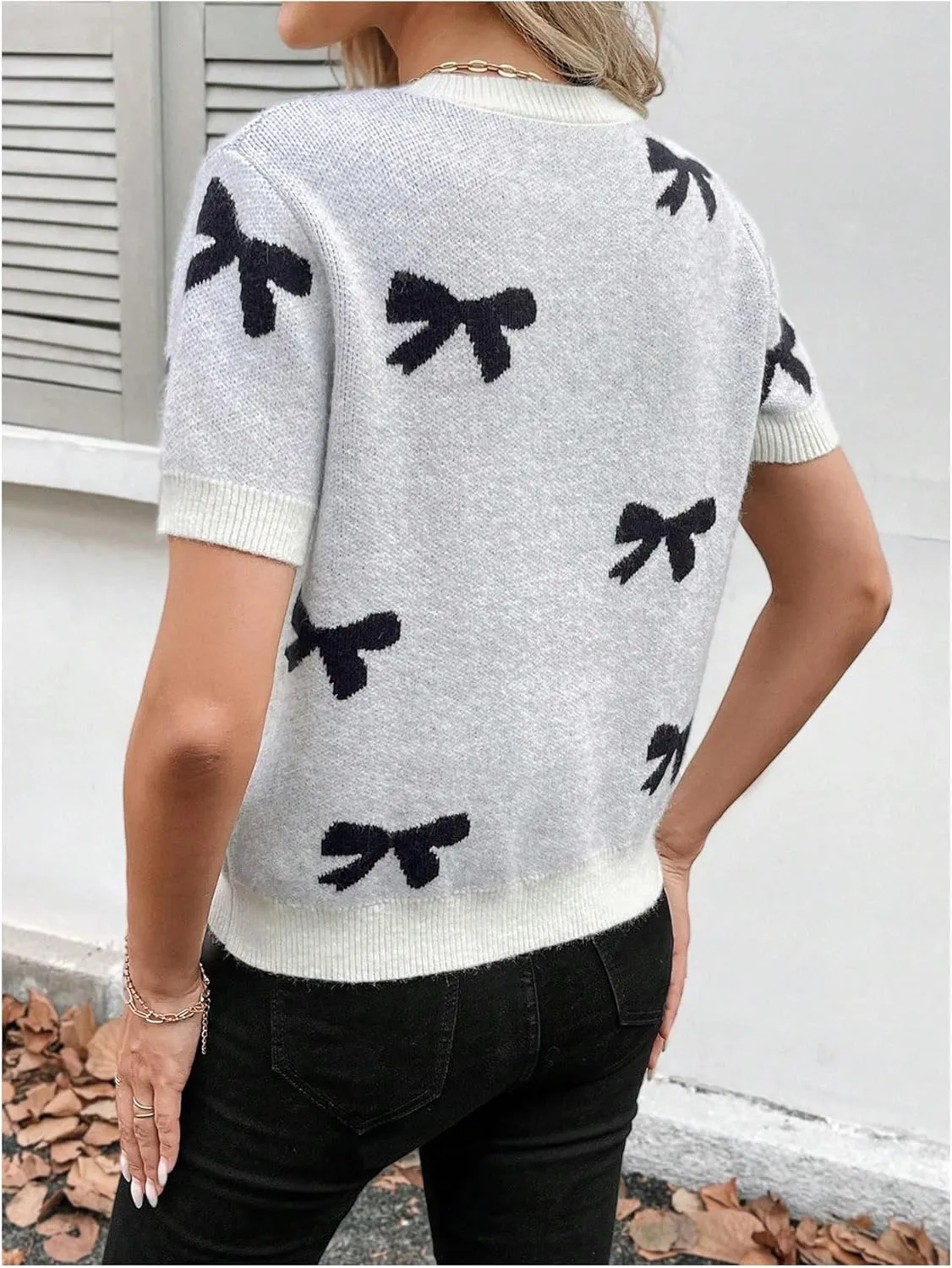 MakeMeChic Women's Bow Crew Neck Sweater Short Sleeve Knit Pullover Tops