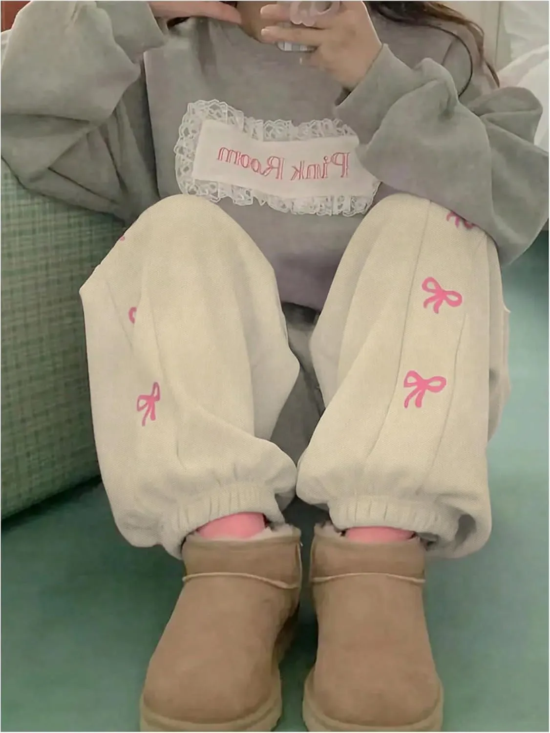 MakeMeChic Women's Bow Print Elastic Waist Drawstring Sweatpants Pocket Baggy Y2K Jogger Pants