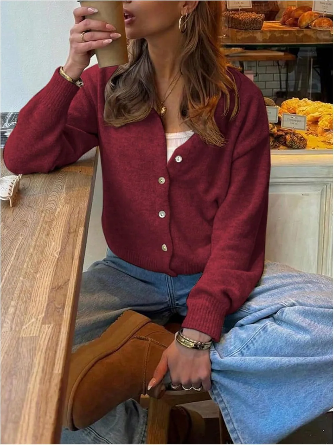MakeMeChic Women's Button Down Cropped Cardigan Sweater Long Sleeve Knitted Pullover Top
