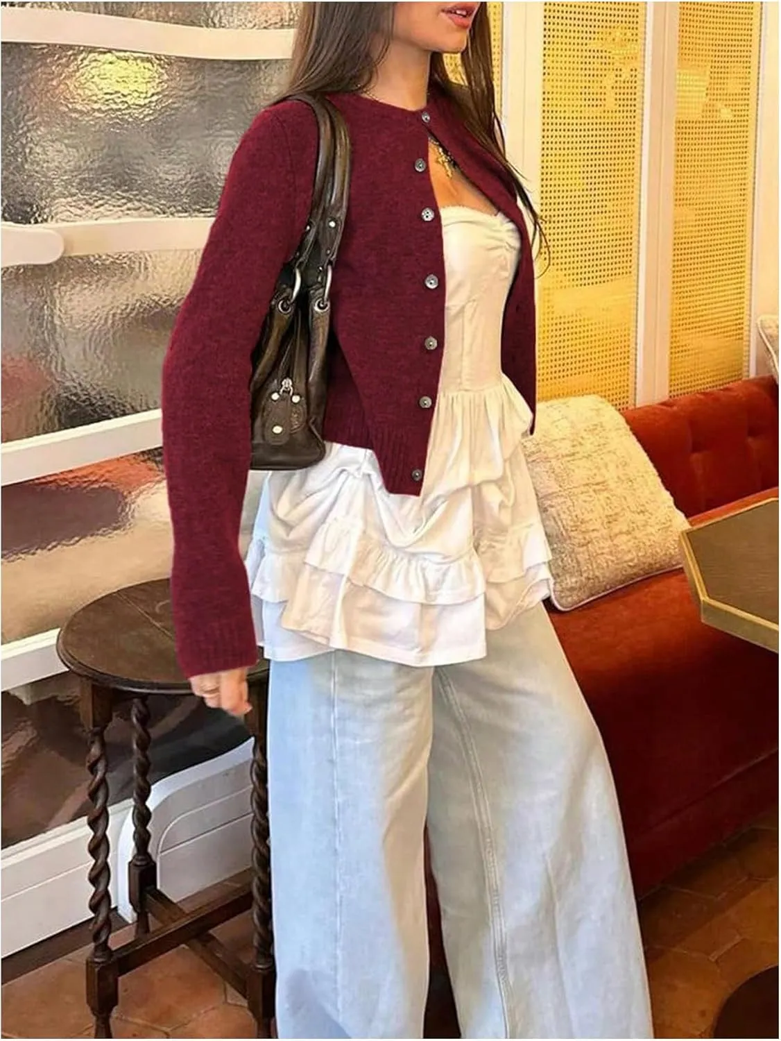 MakeMeChic Women's Button Down Cropped Cardigan Sweater Long Sleeve Knitted Pullover Top