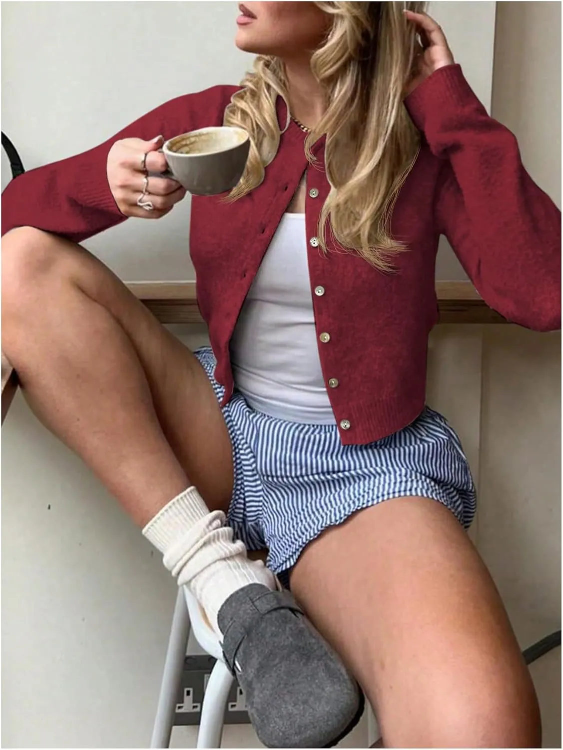 MakeMeChic Women's Button Down Cropped Cardigan Sweater Long Sleeve Knitted Pullover Top