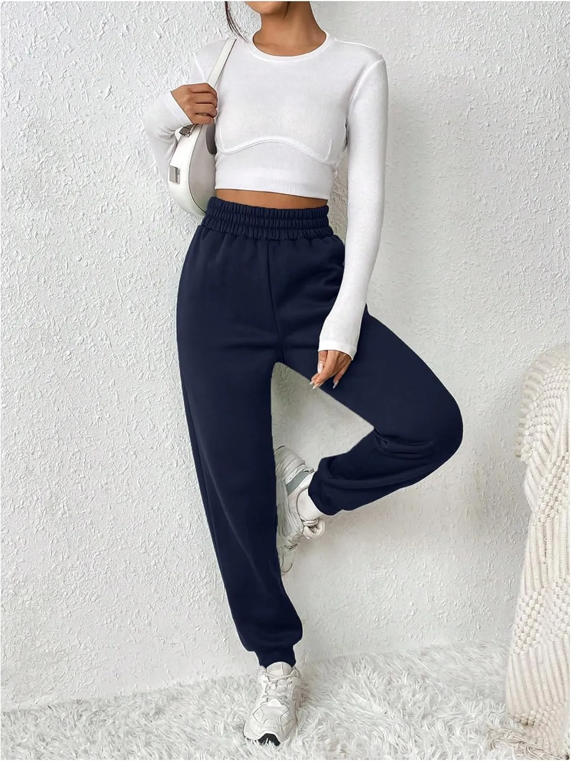 MakeMeChic Women's Elastic Waisted Plain Sweatpants Tapered Athletic Jogger Pants