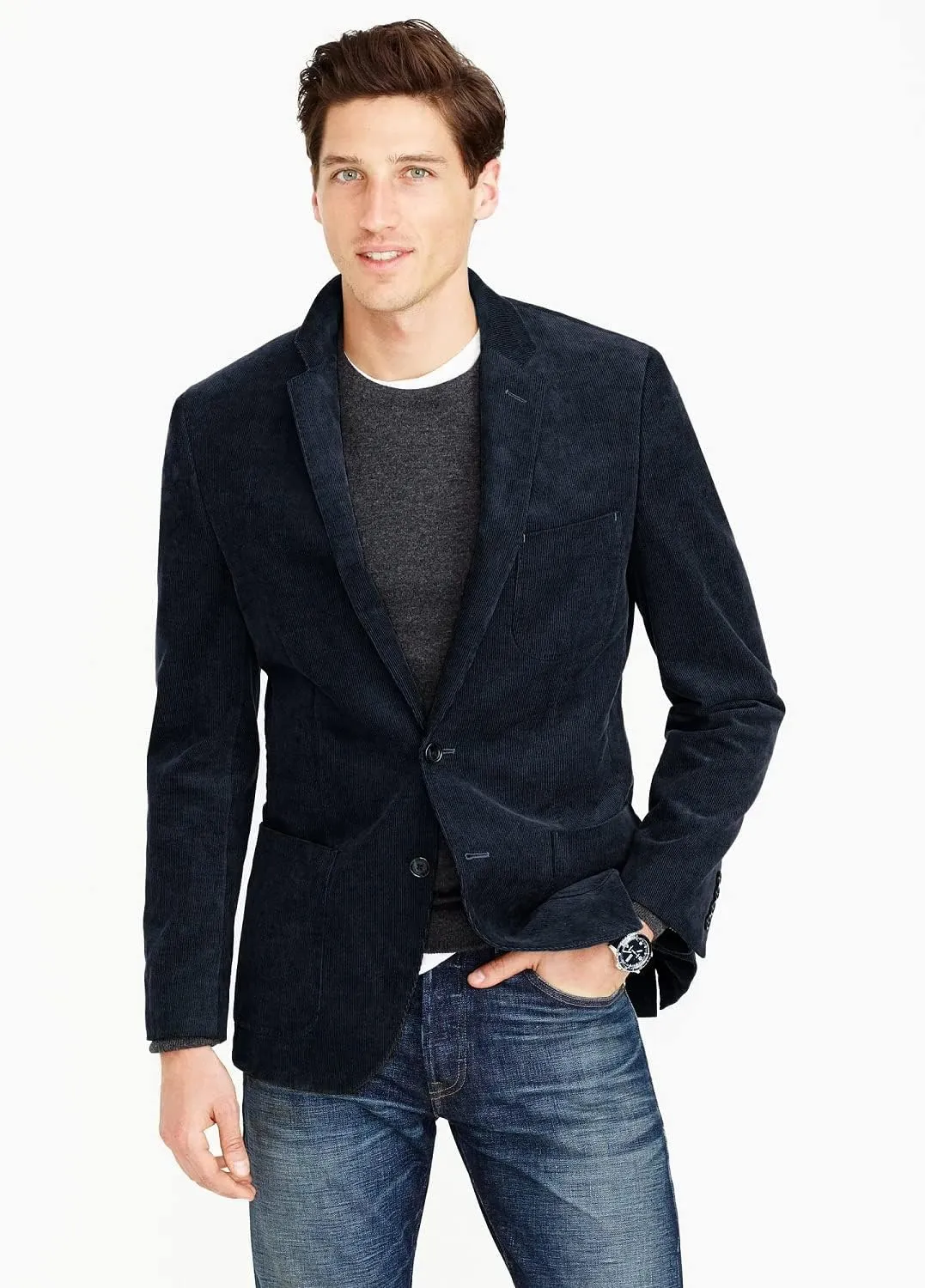 Men's Casual Slim Fit Corduroy Jacket Lightweight Two Button Blazer Sport Coat Blue
