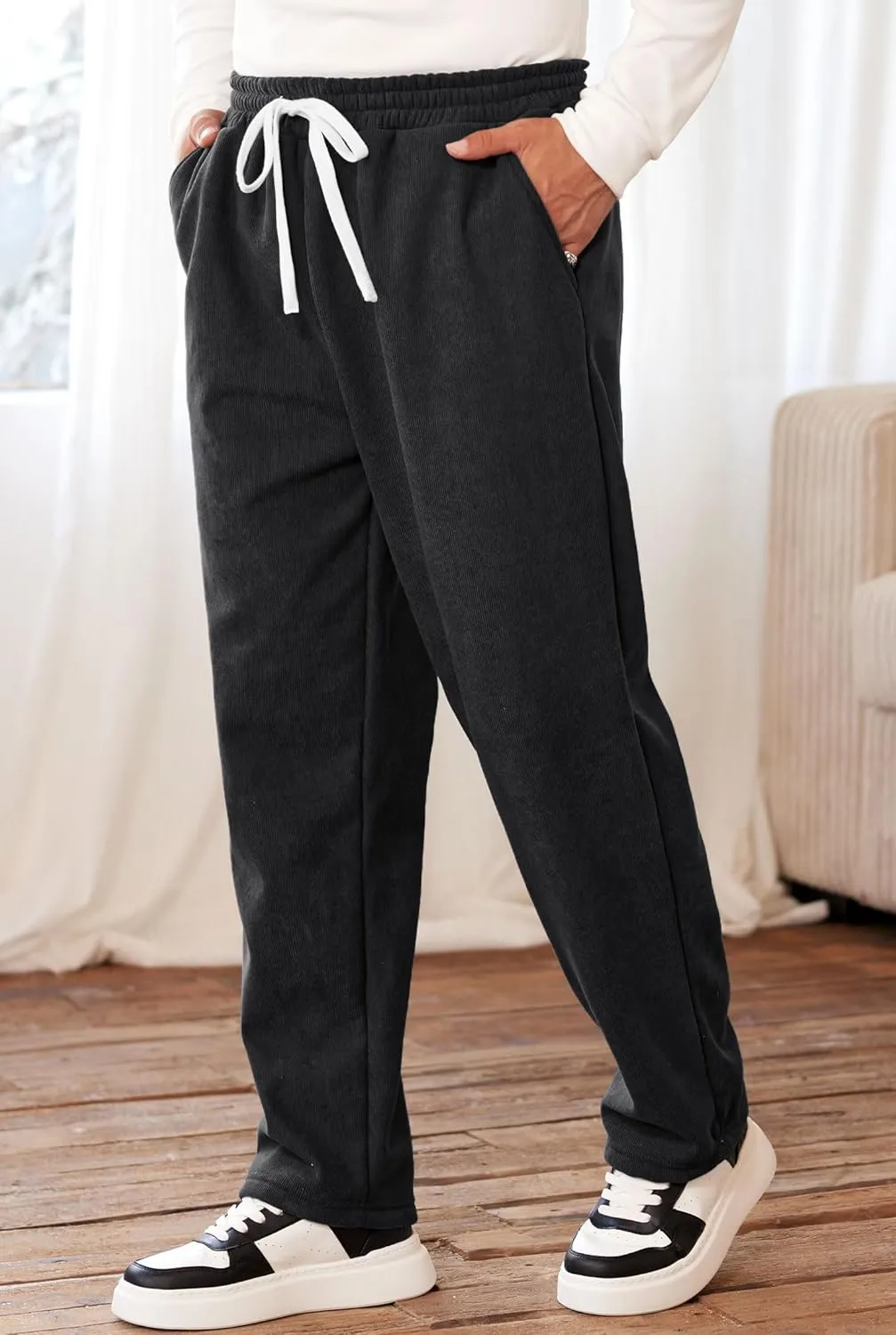 Men's Corduroy Sweatpants Casual Sherpa Lined Drawstring Warm Pant with Pockets (S-2XL)