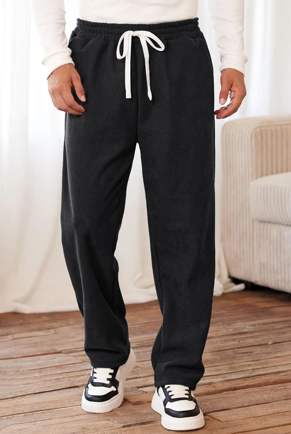 Men's Corduroy Sweatpants Casual Sherpa Lined Drawstring Warm Pant with Pockets (S-2XL)
