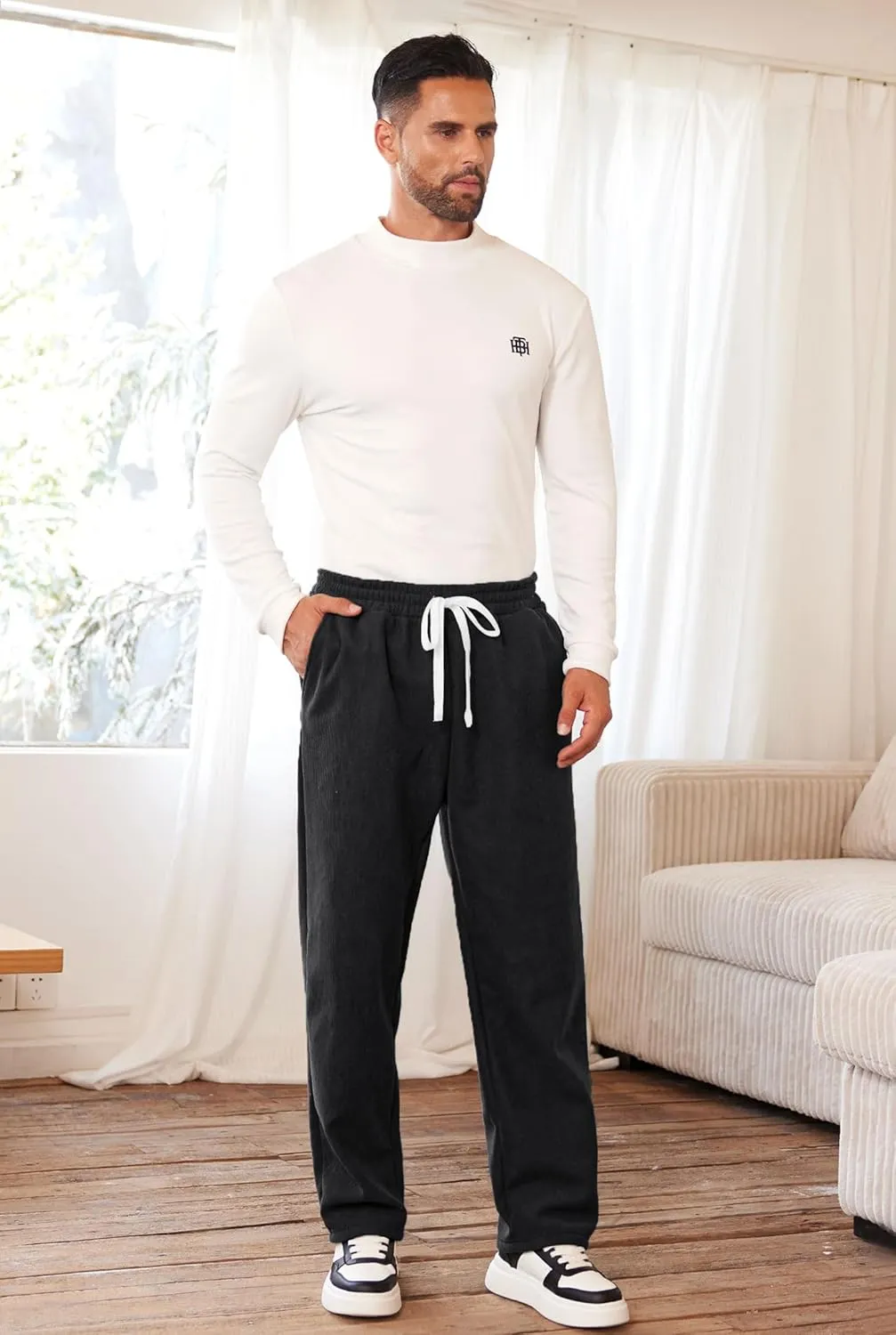 Men's Corduroy Sweatpants Casual Sherpa Lined Drawstring Warm Pant with Pockets (S-2XL)