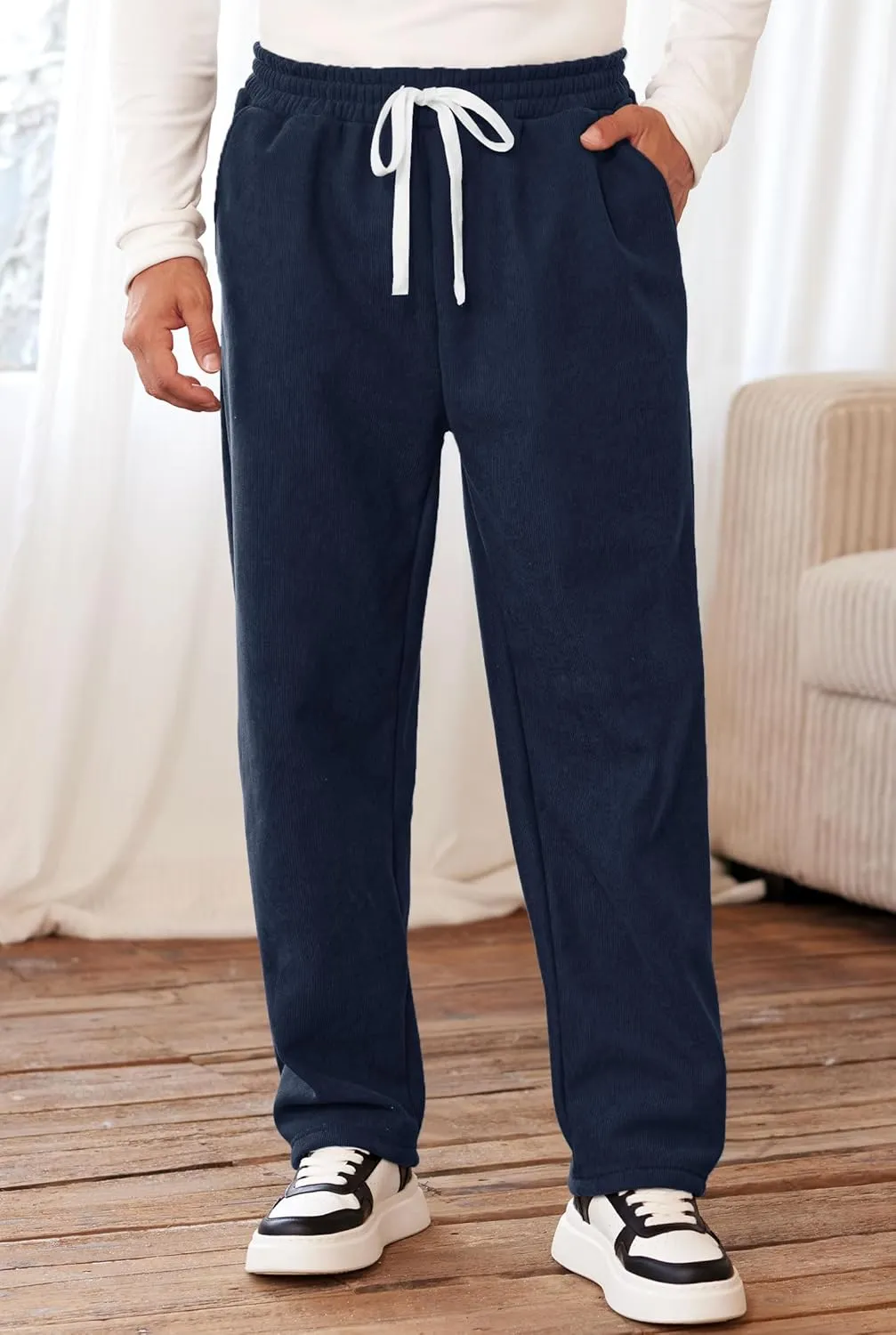 Men's Corduroy Sweatpants Casual Sherpa Lined Drawstring Warm Pant with Pockets (S-2XL)