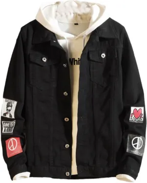 Men's Denim Jacket Button Down Western Trucker Jean Jackets Printed Classic Regular Fit Jeans Coat with Pockets