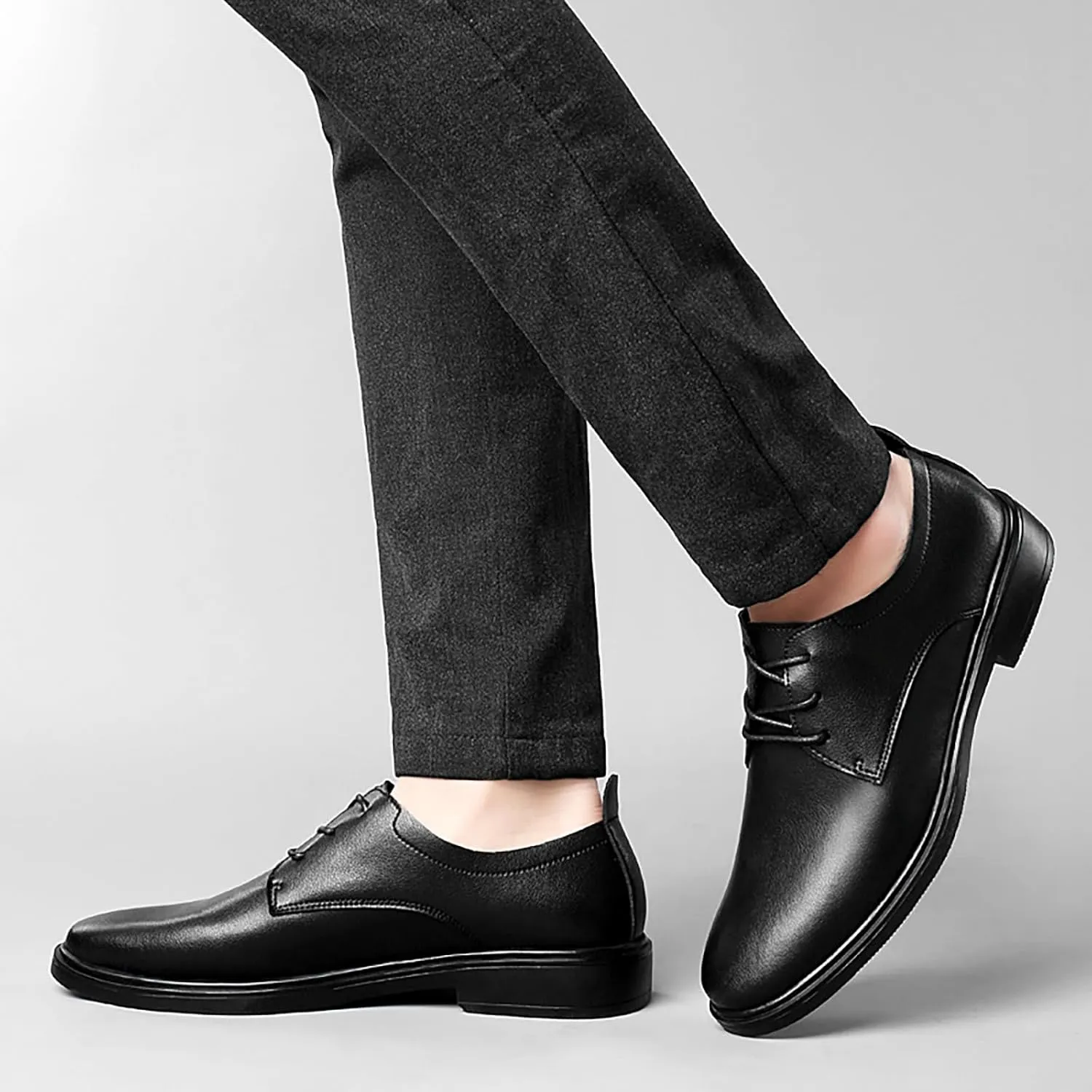 Men's Genuine Leather Low Heel Oxford Shoes Classic Round Toe Lace-Up Flat Dress Derby Shoes for Driving Business Office Shoes