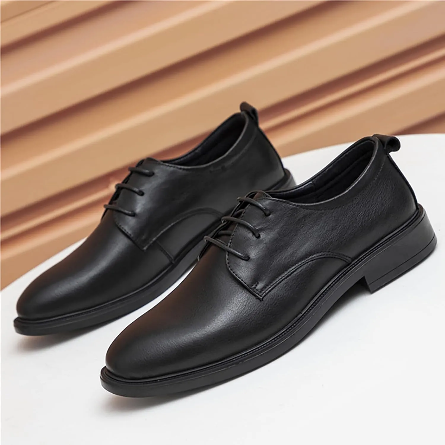 Men's Genuine Leather Low Heel Oxford Shoes Classic Round Toe Lace-Up Flat Dress Derby Shoes for Driving Business Office Shoes