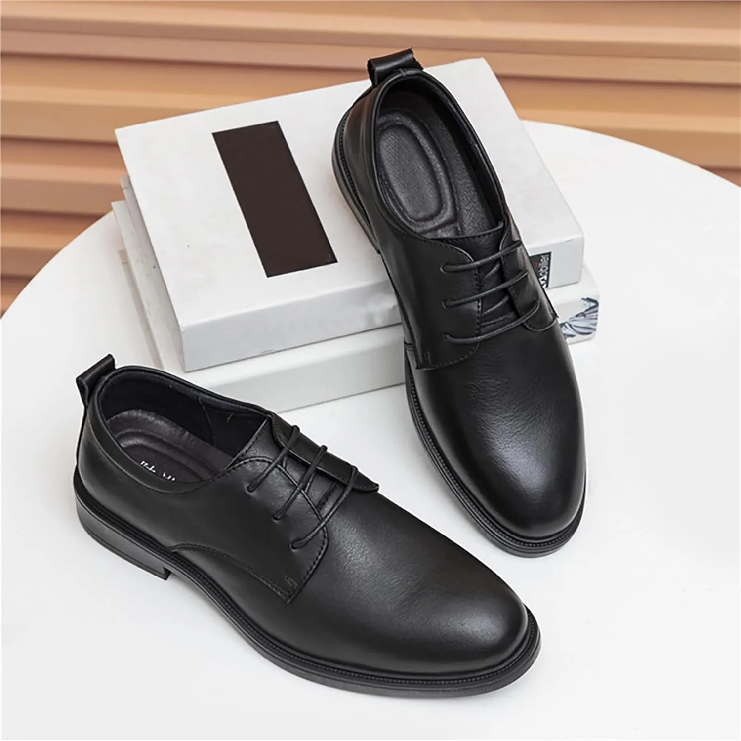 Men's Genuine Leather Low Heel Oxford Shoes Classic Round Toe Lace-Up Flat Dress Derby Shoes for Driving Business Office Shoes