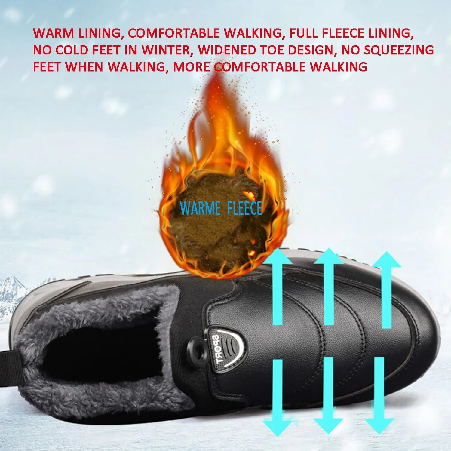 Men's Leather Round Toe Snow Boots Slip On Comfortable Fleece Warm Casual Ankle Boots