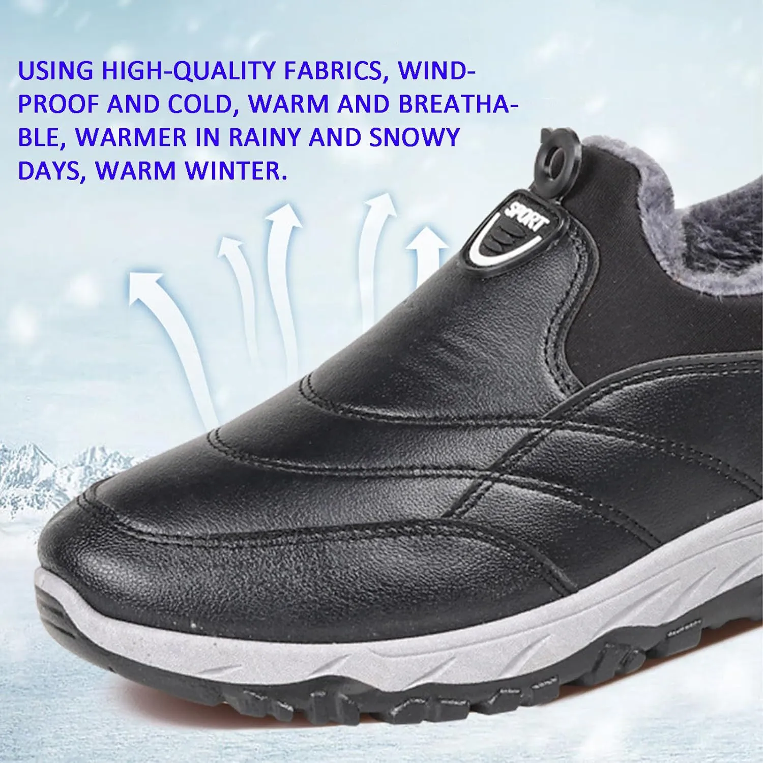 Men's Leather Round Toe Snow Boots Slip On Comfortable Fleece Warm Casual Ankle Boots