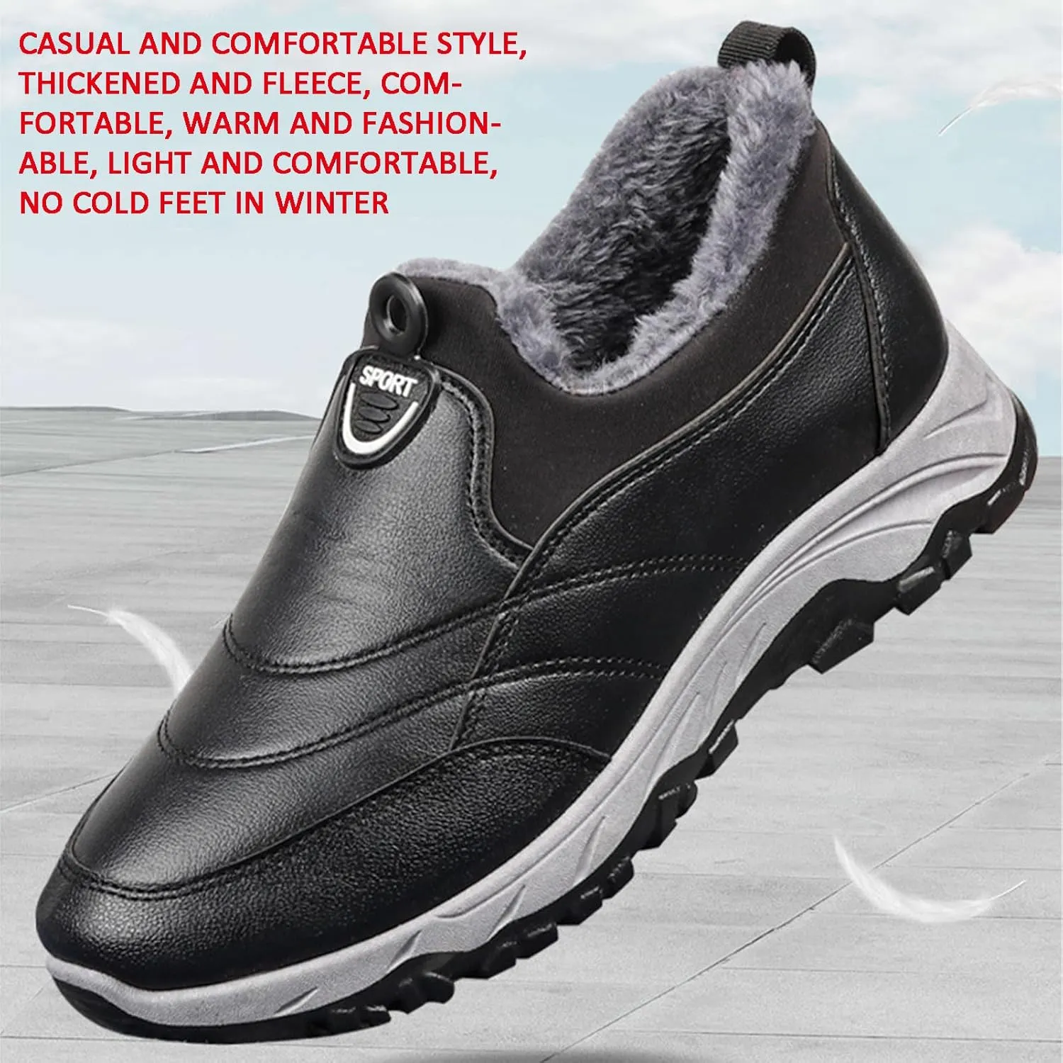 Men's Leather Round Toe Snow Boots Slip On Comfortable Fleece Warm Casual Ankle Boots