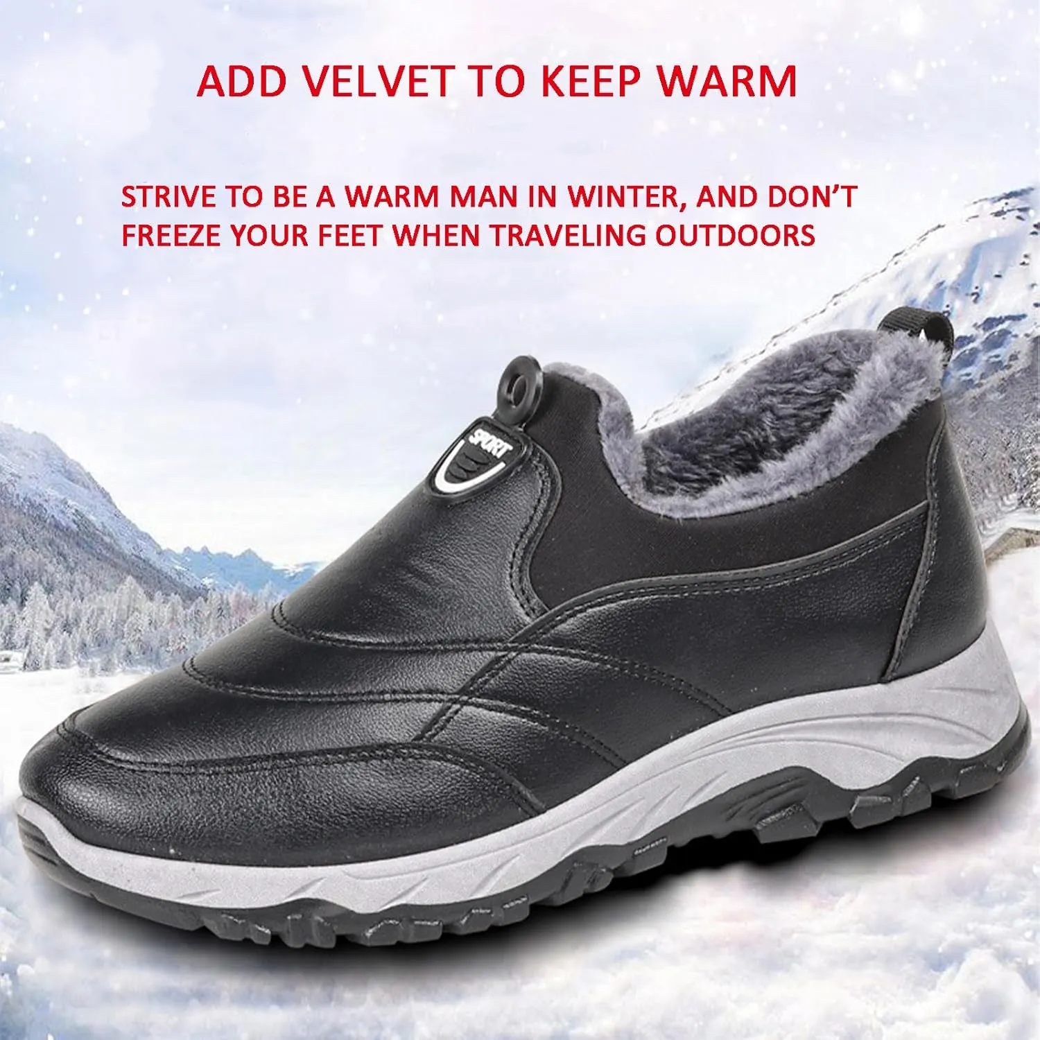 Men's Leather Round Toe Snow Boots Slip On Comfortable Fleece Warm Casual Ankle Boots