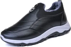 Men's Leather Round Toe Snow Boots Slip On Comfortable Fleece Warm Casual Ankle Boots