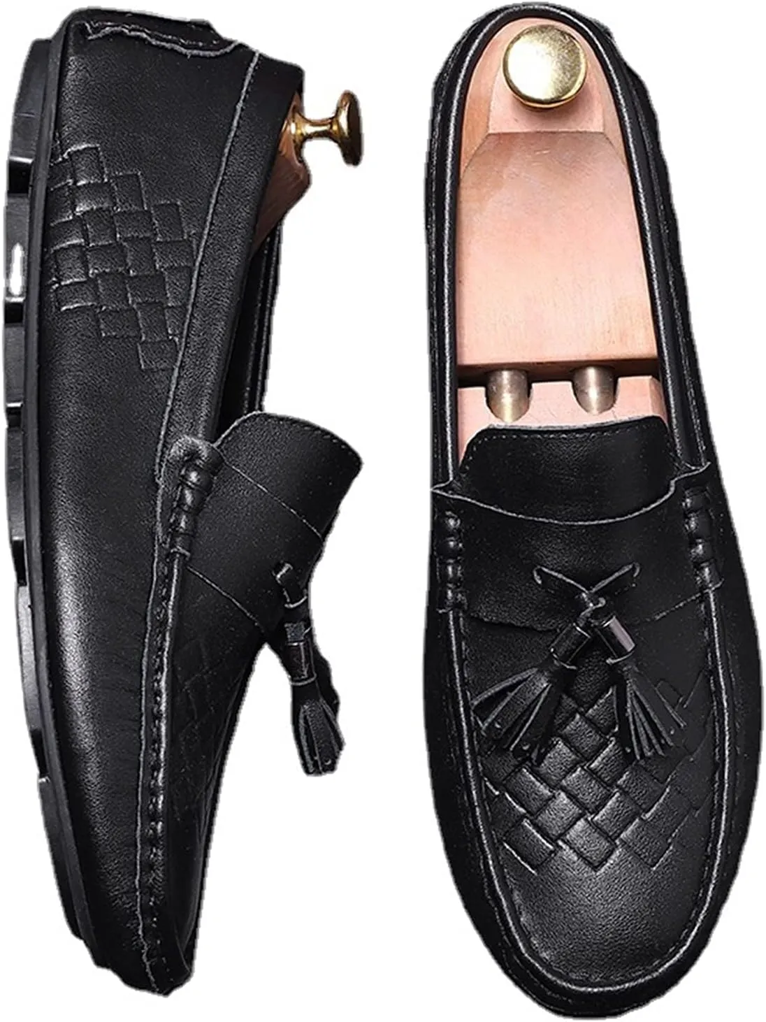 Mens Loafers Shoe Tassel Breathable Round Toe Woven Grain Embossed Genuine Leather Anti-Slip Lightweight Slip Resistant Casual Slip-ons (Color : Black, Size : 10)
