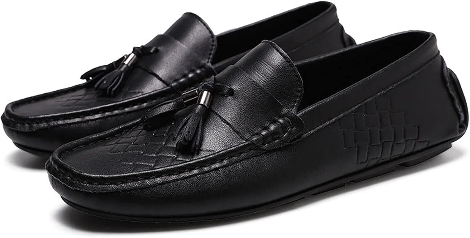 Mens Loafers Shoe Tassel Breathable Round Toe Woven Grain Embossed Genuine Leather Anti-Slip Lightweight Slip Resistant Casual Slip-ons (Color : Black, Size : 10)