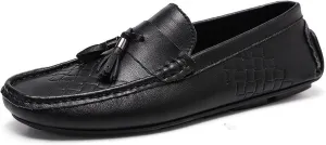 Mens Loafers Shoe Tassel Breathable Round Toe Woven Grain Embossed Genuine Leather Anti-Slip Lightweight Slip Resistant Casual Slip-ons (Color : Black, Size : 10)