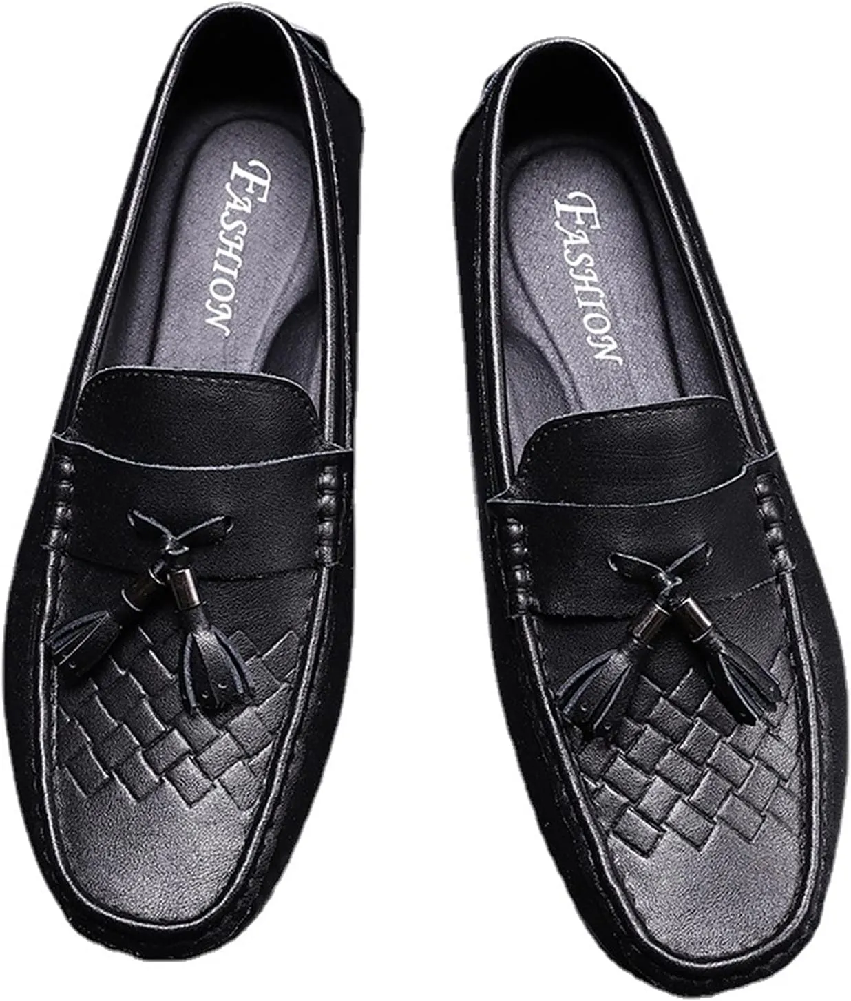 Mens Loafers Shoe Tassel Breathable Round Toe Woven Grain Embossed Genuine Leather Anti-Slip Lightweight Slip Resistant Casual Slip-ons (Color : Black, Size : 10)