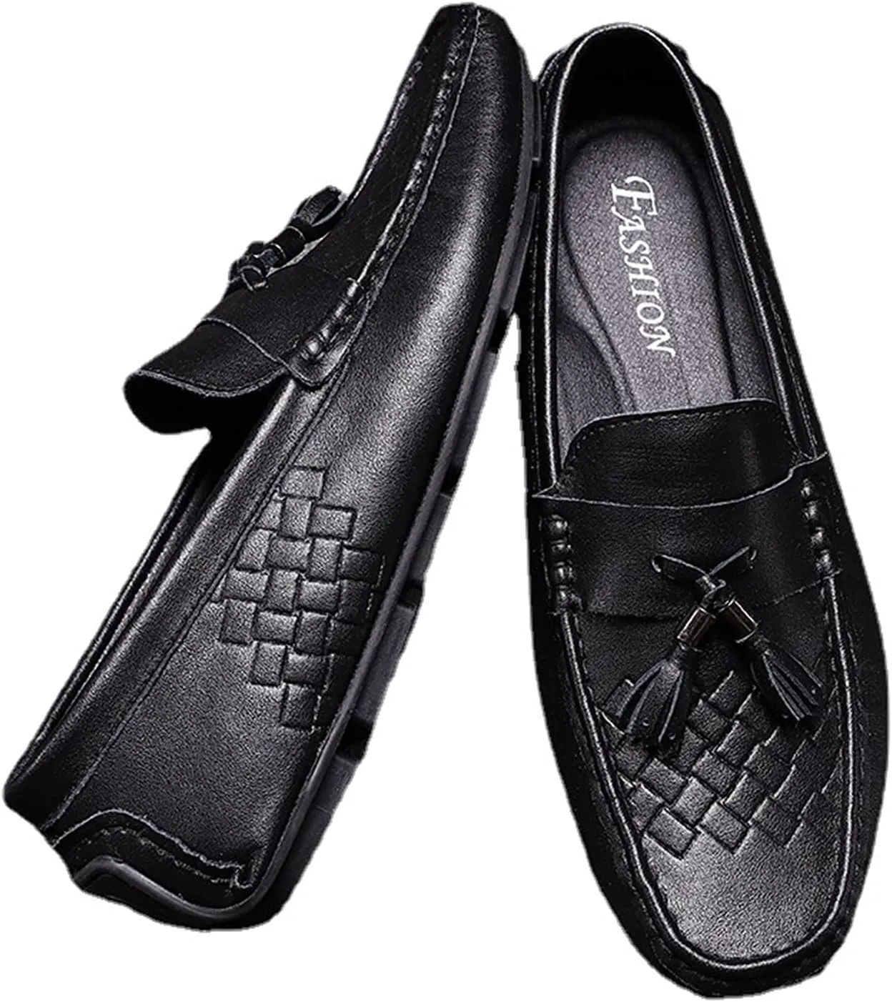 Mens Loafers Shoe Tassel Breathable Round Toe Woven Grain Embossed Genuine Leather Anti-Slip Lightweight Slip Resistant Casual Slip-ons (Color : Black, Size : 10)