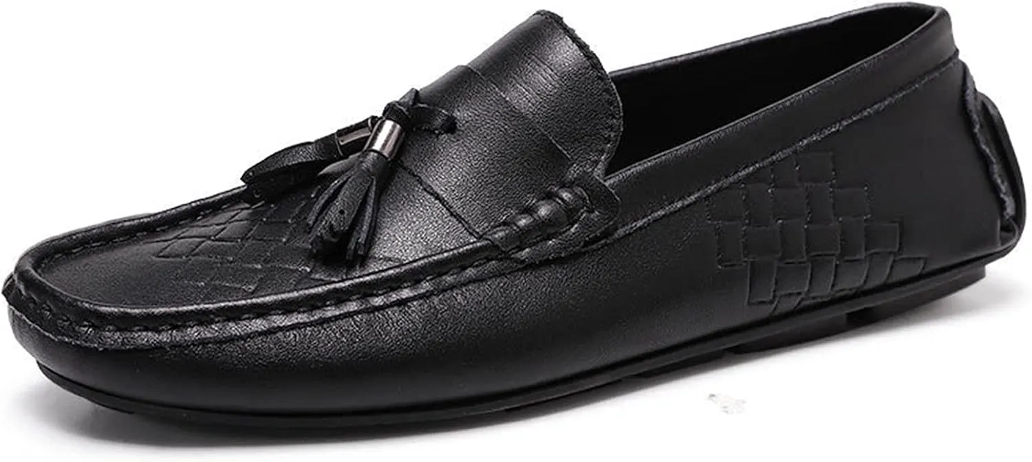 Mens Loafers Shoe Tassel Breathable Round Toe Woven Grain Embossed Genuine Leather Anti-Slip Lightweight Slip Resistant Casual Slip-ons (Color : Black, Size : 10)