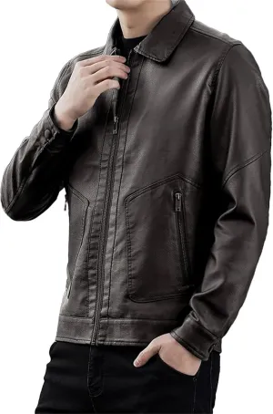 Men's Stand Collar Slim Leather Jacket Fashion Moto Biker Windproof Causal Leather Coat