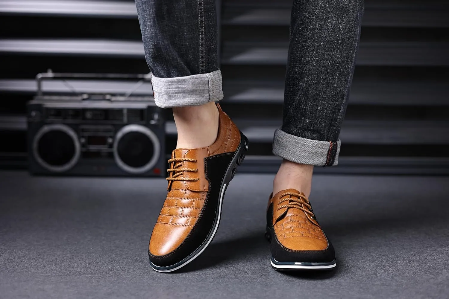 Men's Two-Tone Oxford Dress Shoes, Quilted Leather, Casual Business