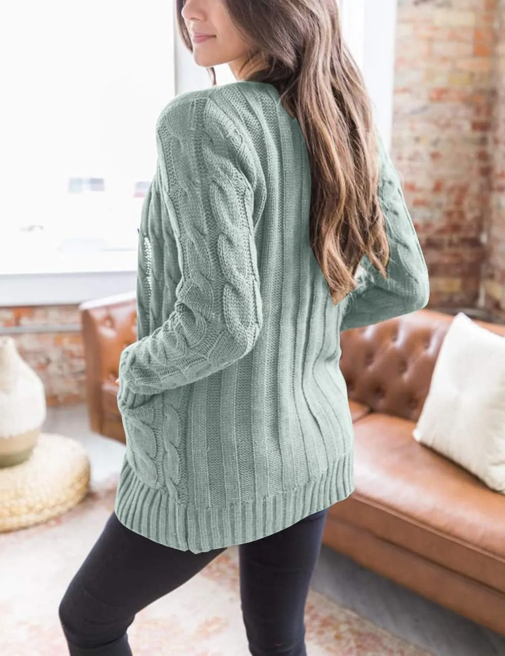MEROKEETY Women's 2025 Fall Long Sleeve Cable Knit Sweater Open Front Cardigan Button Loose Outerwear