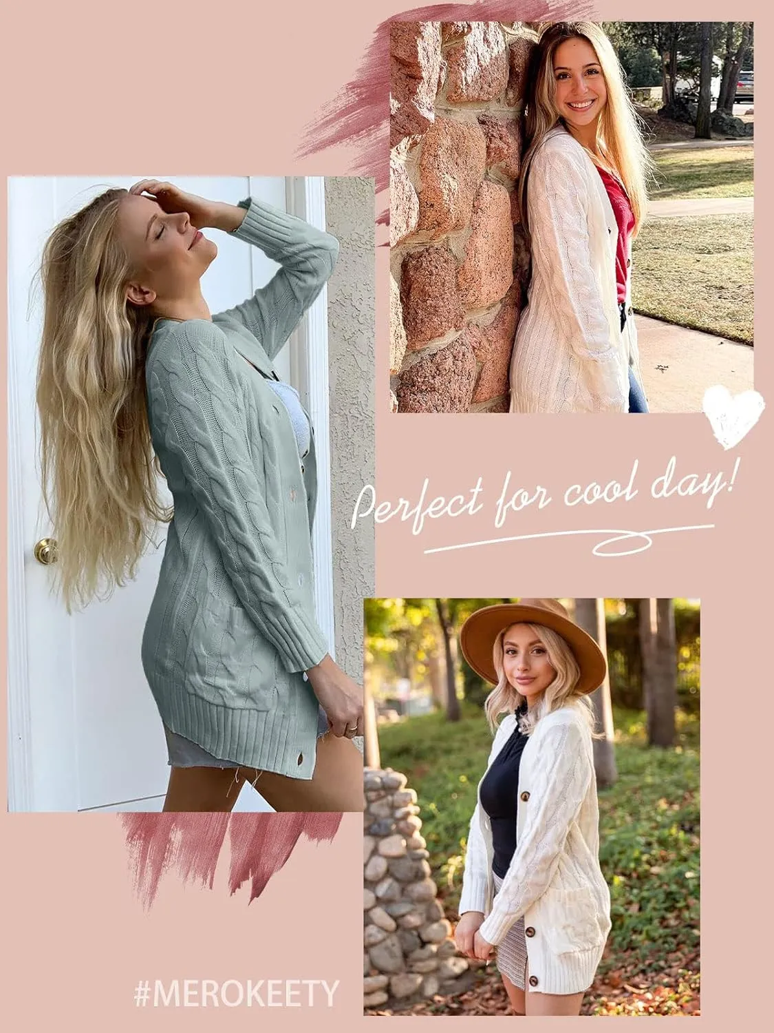 MEROKEETY Women's 2025 Fall Long Sleeve Cable Knit Sweater Open Front Cardigan Button Loose Outerwear