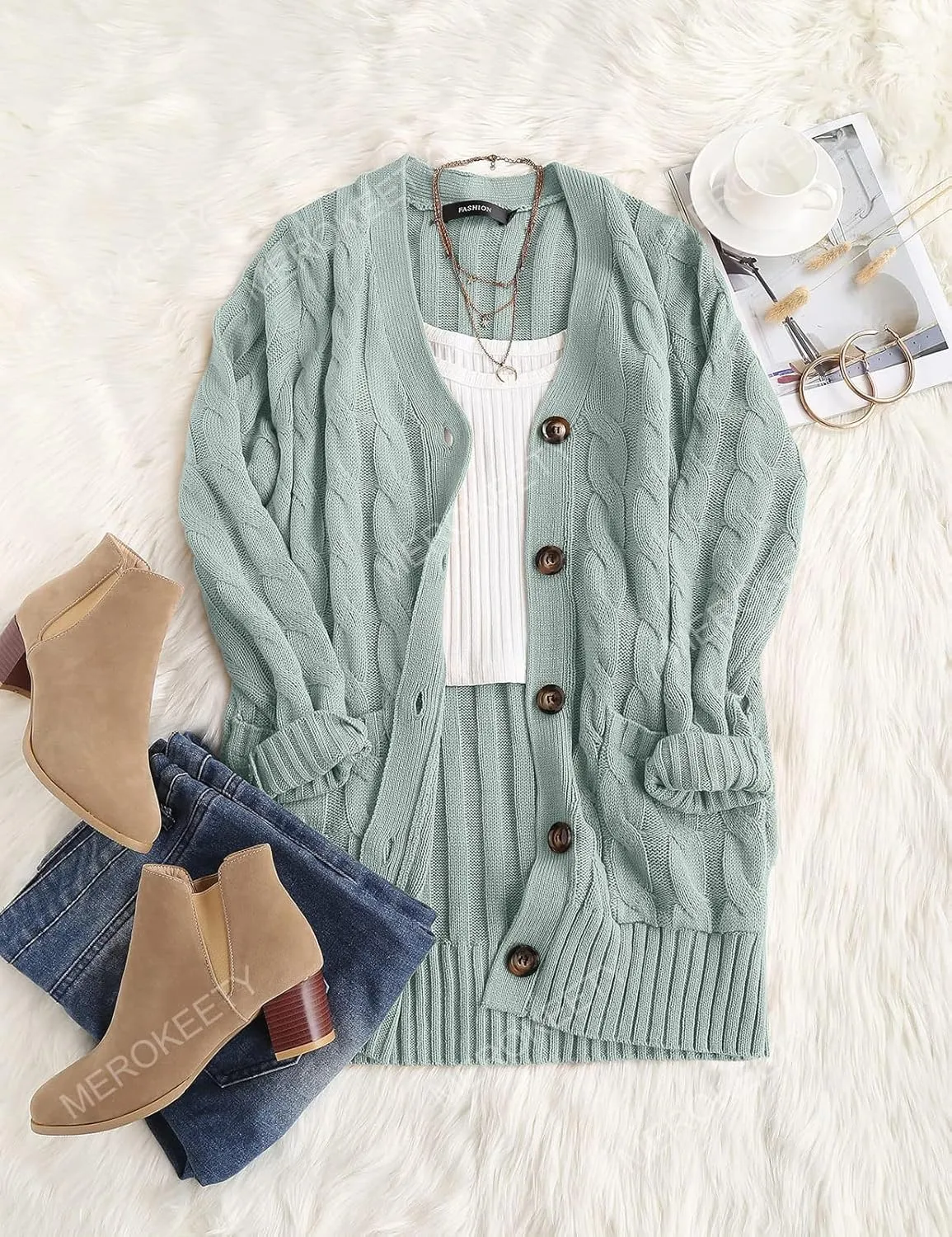 MEROKEETY Women's 2025 Fall Long Sleeve Cable Knit Sweater Open Front Cardigan Button Loose Outerwear
