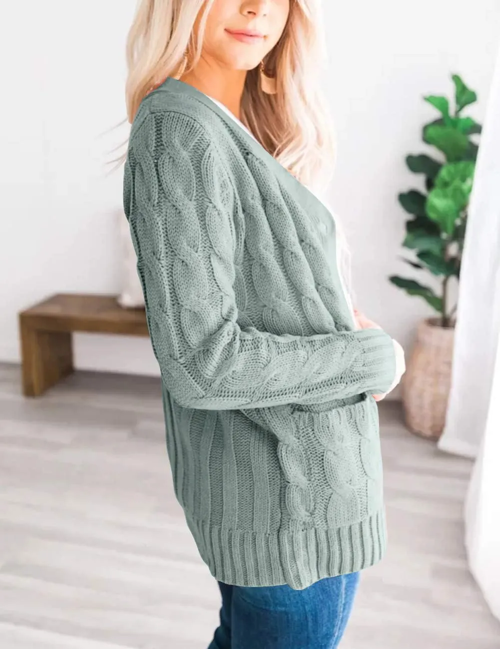 MEROKEETY Women's 2025 Fall Long Sleeve Cable Knit Sweater Open Front Cardigan Button Loose Outerwear