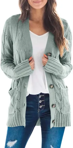 MEROKEETY Women's 2025 Fall Long Sleeve Cable Knit Sweater Open Front Cardigan Button Loose Outerwear