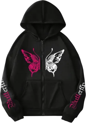 Milumia Women Butterfly Print Zip Up Long Sleeve Hoodie Jackets with Pockets
