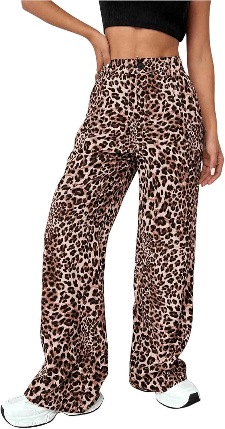 Milumia Women's Leopard Print High Waist Casual Long Pants Straight Leg Trousers