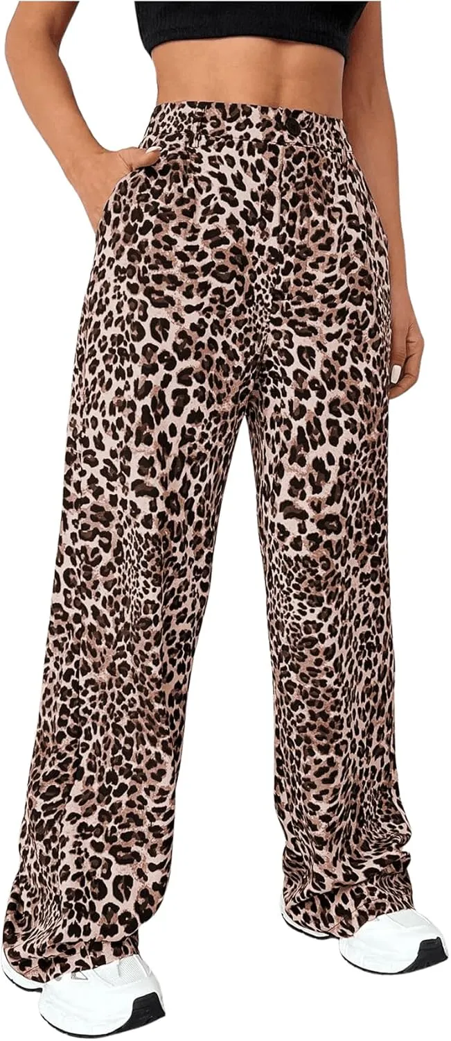 Milumia Women's Leopard Print High Waist Casual Long Pants Straight Leg Trousers