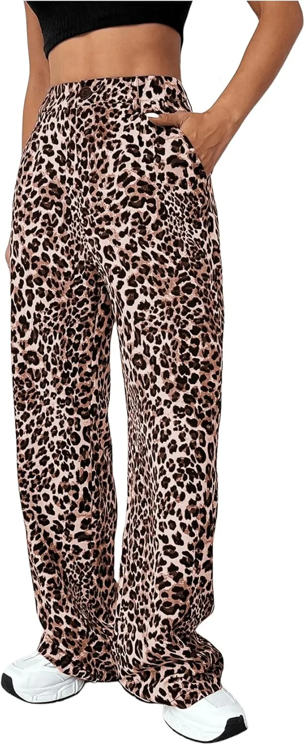Milumia Women's Leopard Print High Waist Casual Long Pants Straight Leg Trousers
