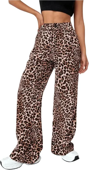 Milumia Women's Leopard Print High Waist Casual Long Pants Straight Leg Trousers