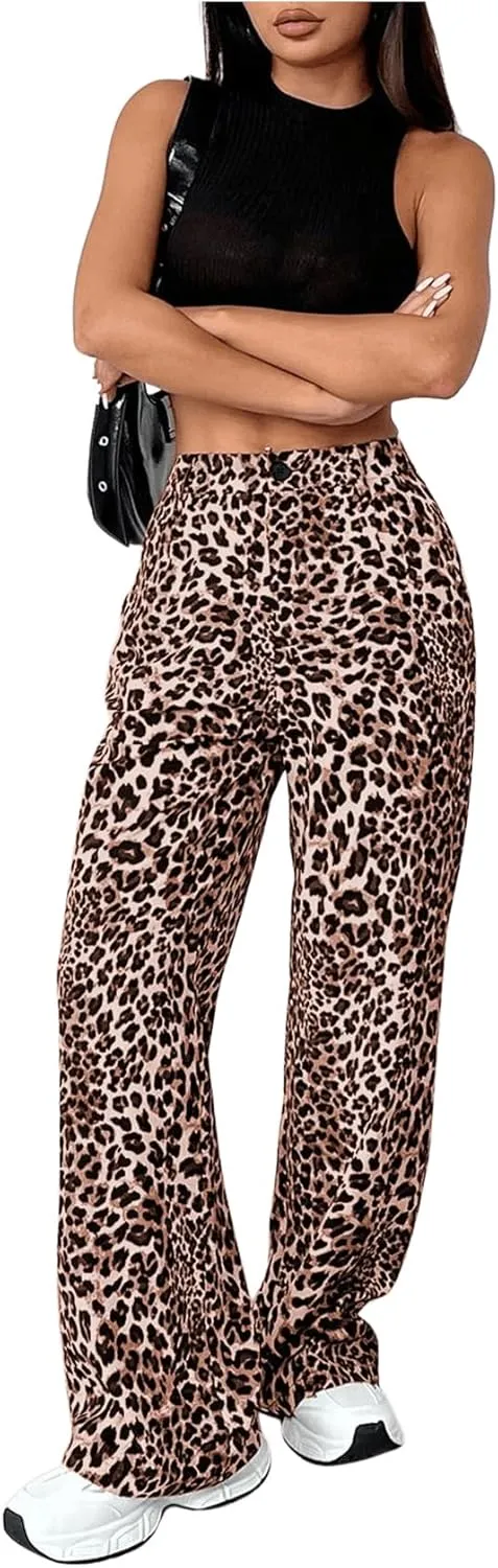 Milumia Women's Leopard Print High Waist Casual Long Pants Straight Leg Trousers