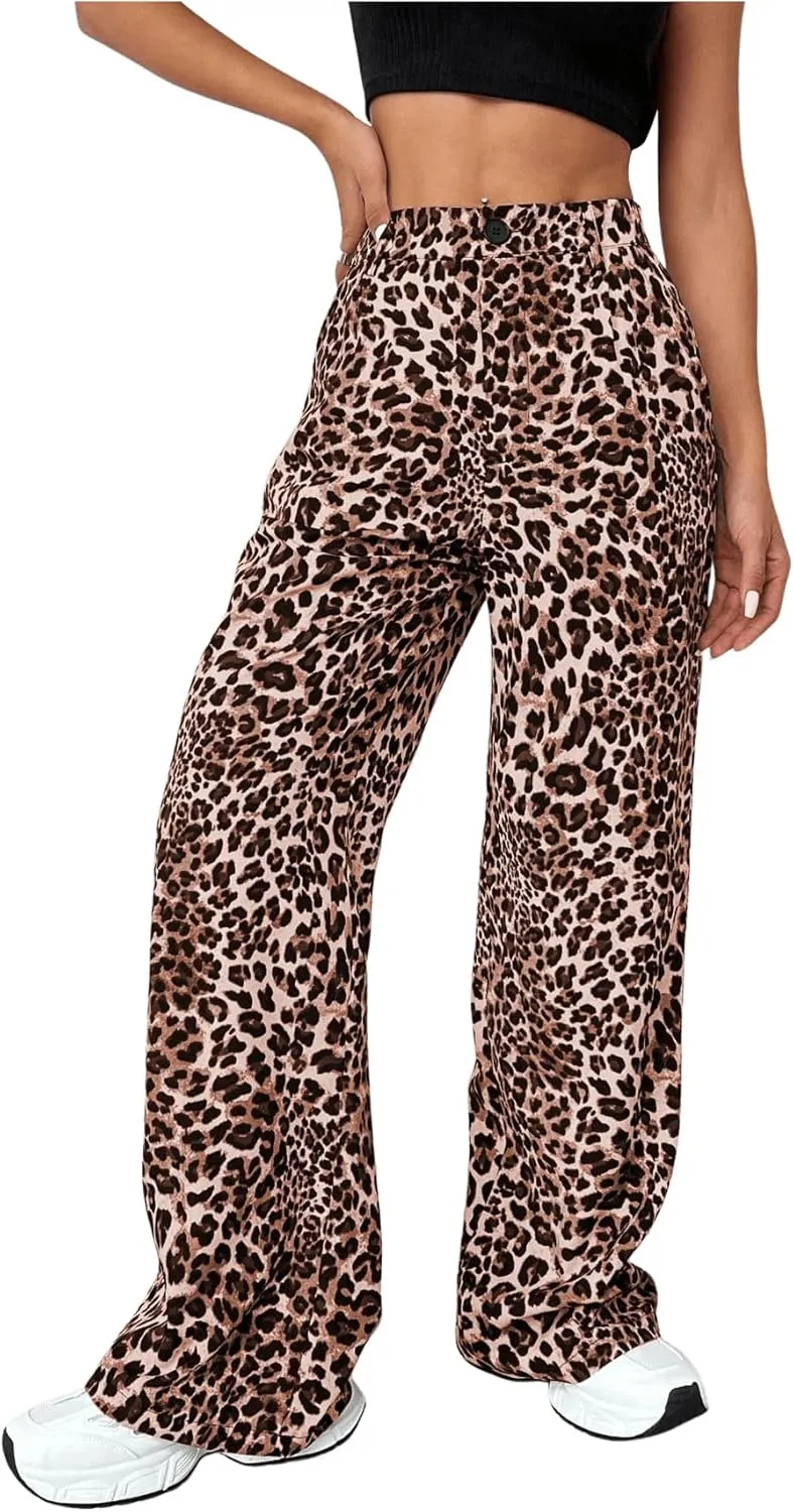 Milumia Women's Leopard Print High Waist Casual Long Pants Straight Leg Trousers