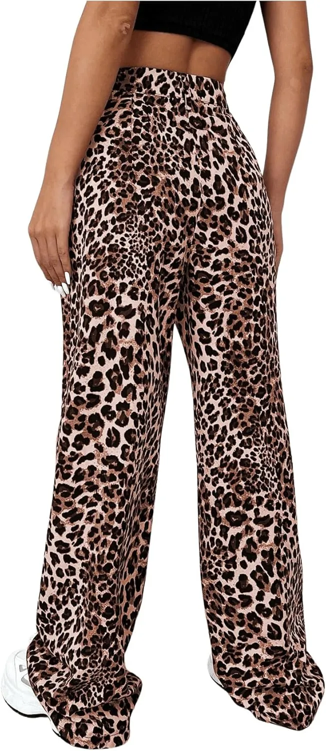 Milumia Women's Leopard Print High Waist Casual Long Pants Straight Leg Trousers