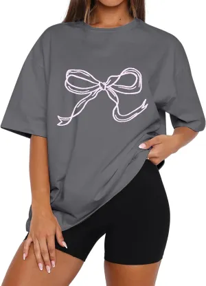 MISSACTIVER Womens Oversized Bow Graphic T-Shirt Drop Shoulder Short Sleeve Graphics Tee Shirt Casual Outfit Going Out Top