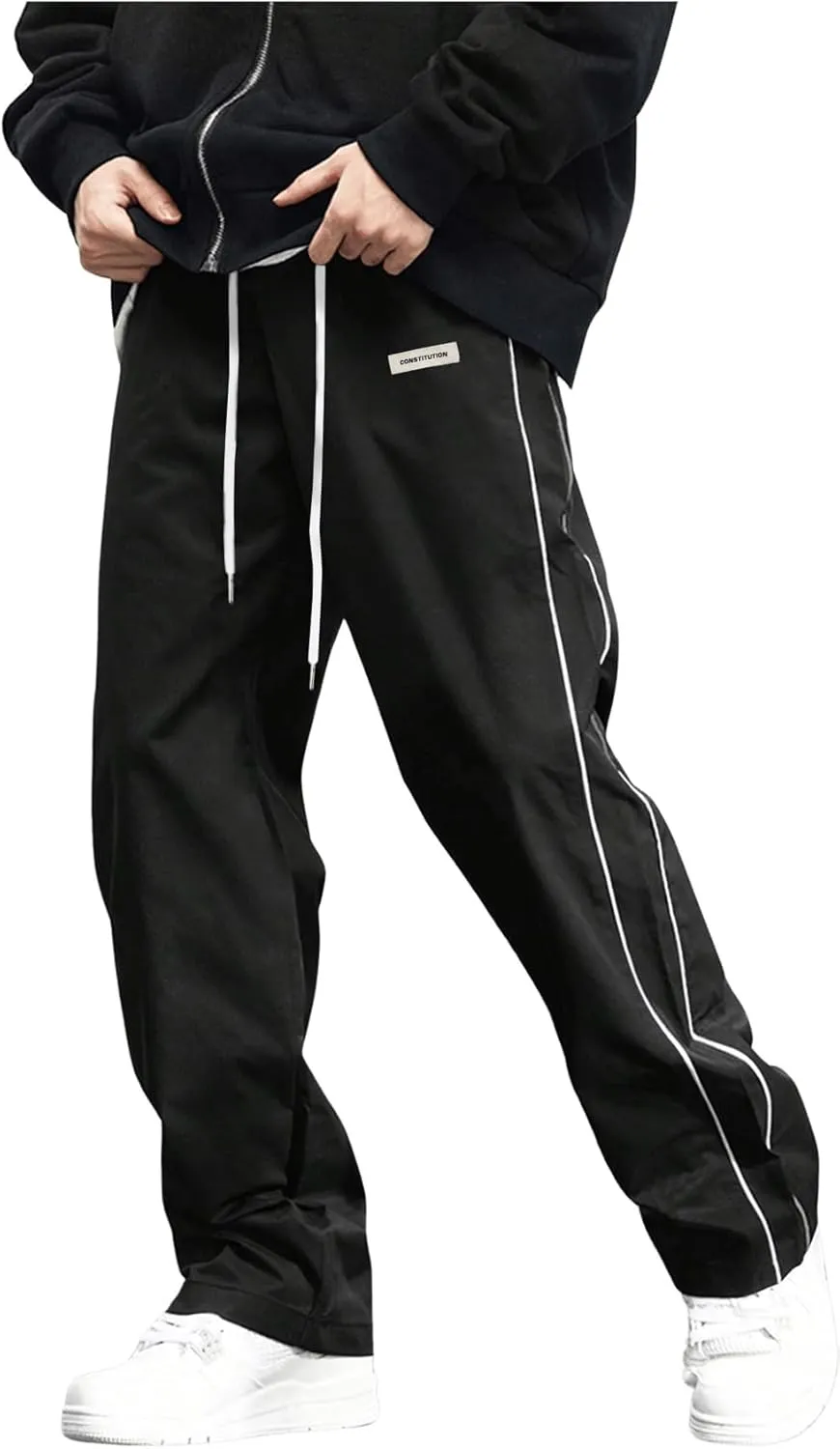 OYOANGLE Men's Letter Patched Drawstring Waisted Cargo Pants Seam Side Loose Fit Sports Joggers